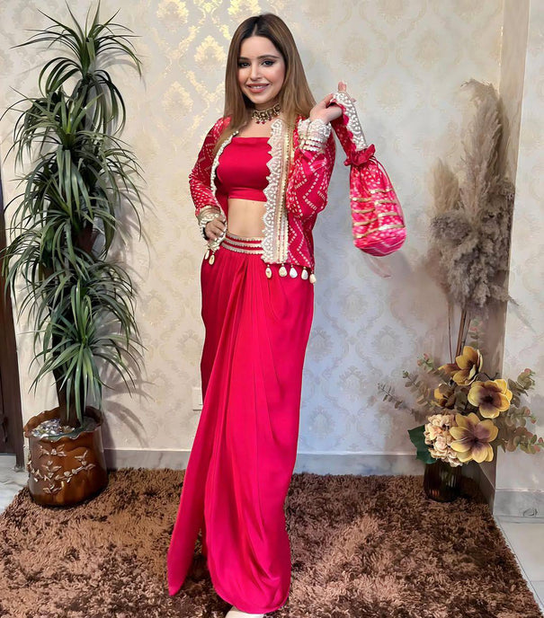 Full Stitch Free Size With French Crape And Plain Tube Draped Koti