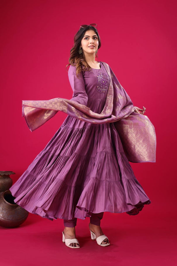 Purple Color Embroidery Work With Roman Silk Top Pent