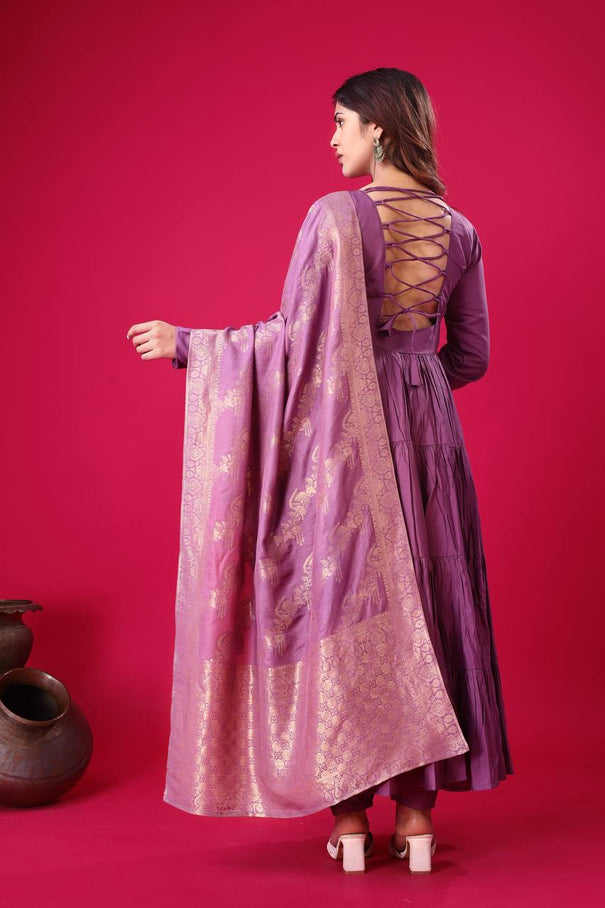 Purple Color Embroidery Work With Roman Silk Top Pent