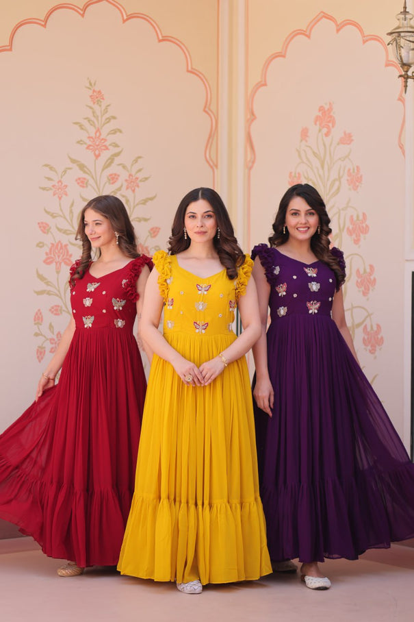 Faux Blooming Sequence With Embroidery Work Gown