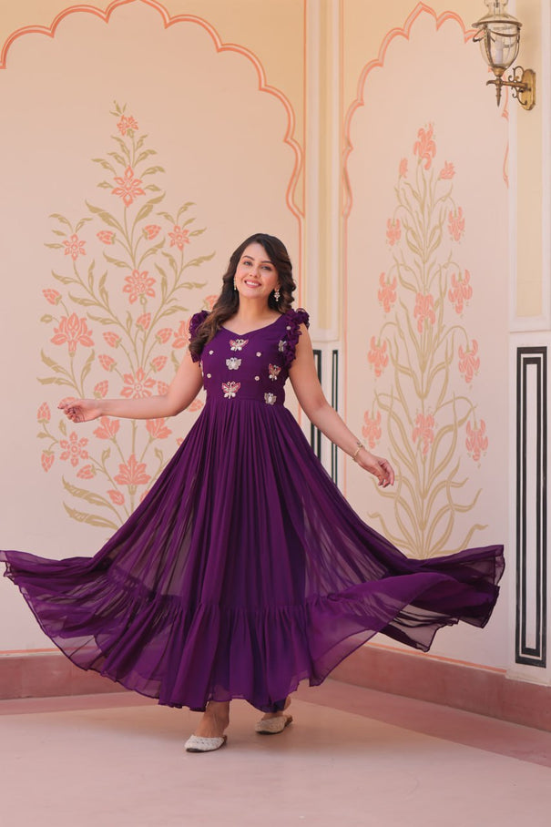 Faux Blooming Sequence With Embroidery Work Gown