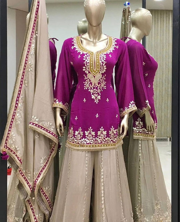 Heavy Fau Georgette Embroidery Sequence Work With Micro Cotton Top Sharara