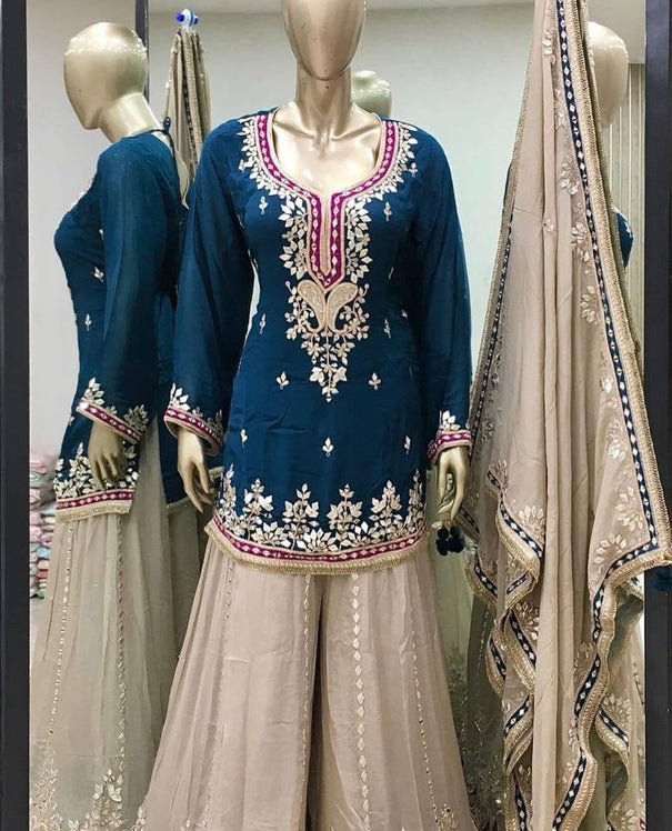 Heavy Fau Georgette Embroidery Sequence Work With Micro Cotton Top Sharara