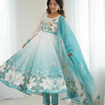 Sky Blue Color Organza Silk With Flower Work Gown