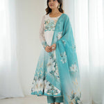 Sky Blue Color Organza Silk With Flower Work Gown