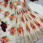 Off White Color Heavy Satin Silk With Digital Print Work Gown