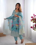 WOMEN'S PREMIUM CHANDERI SILK WITH JACQARD PRINT DUPATTA TOP PANT SET