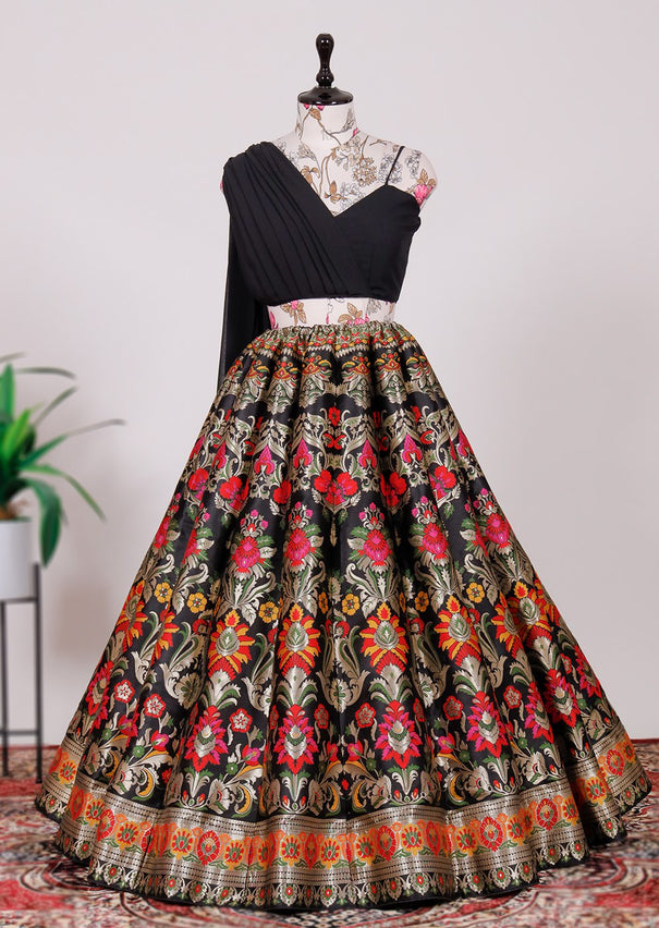Blue Color Zari Work Banarasi  Silk Lehenga