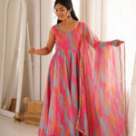Beautiful Soft Rich Tebi Organza With Golden Mirror Lace Work Gown Set
