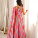 Beautiful Soft Rich Tebi Organza With Golden Mirror Lace Work Gown Set