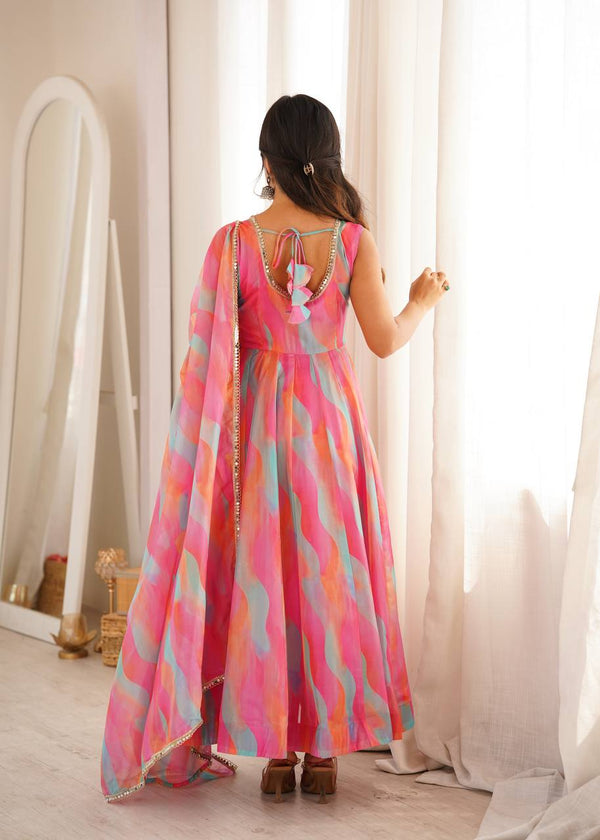 Beautiful Soft Rich Tebi Organza With Golden Mirror Lace Work Gown Set