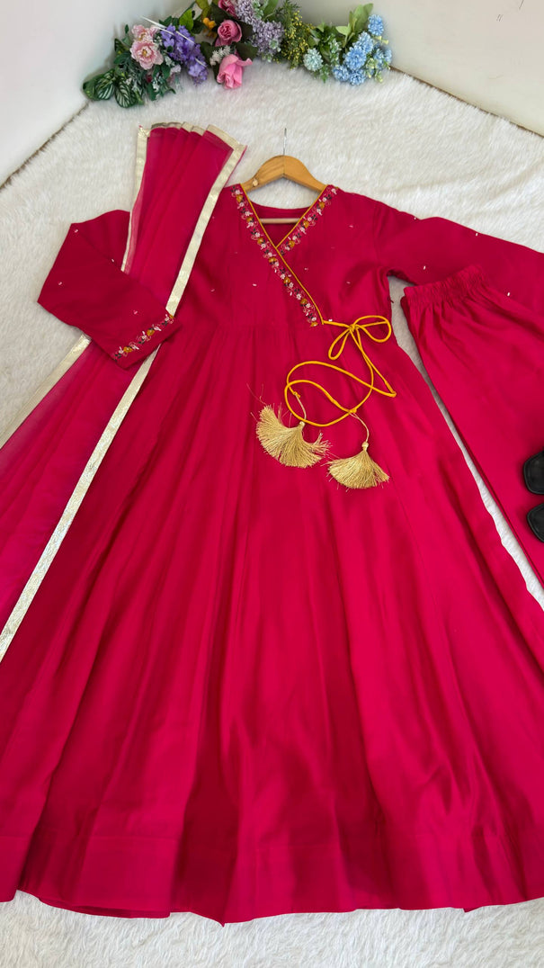 Roman Silk Gown with Hand Embroidery & Printed Organza Dupatta