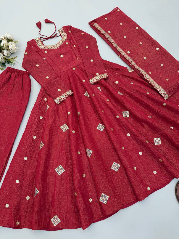 Crunchy Silk Embroidered Gown Suit Set