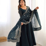Elegant Heavy Fandy Silk Gown Set with Embroidered Dupatta