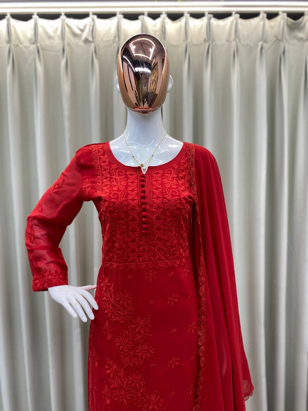 Georgette Embroidery Work With Pum Pum Work Top Pent
