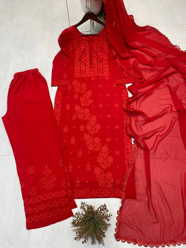 Georgette Embroidery Work With Pum Pum Work Top Pent