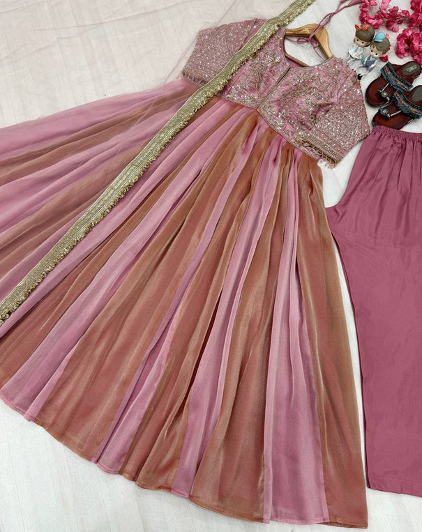 Pure NC Moss Silk Embroidered Gown with Pant & Butterfly Net Lace Dupatta
