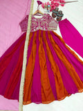 Pure NC Moss Silk Embroidered Gown with Pant & Butterfly Net Lace Dupatta