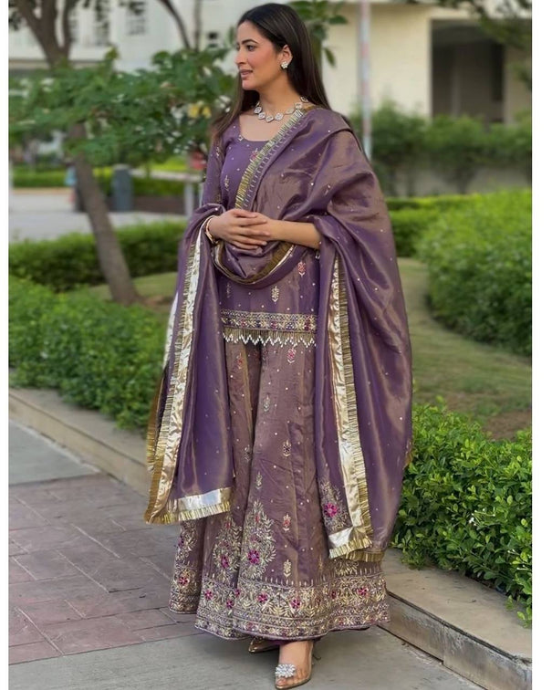 Pure Twill gold NEt With Heavy Embroidery Sequence Work Top Plazzo