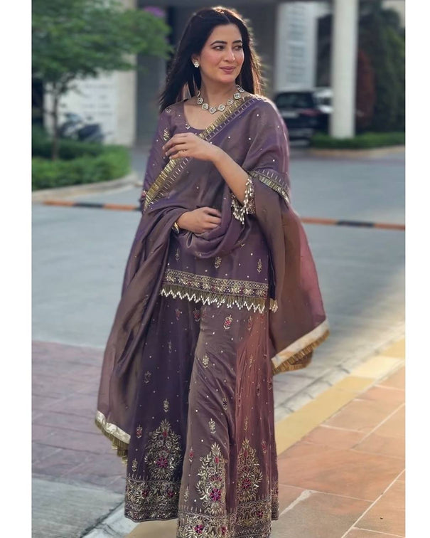 Pure Twill gold NEt With Heavy Embroidery Sequence Work Top Plazzo