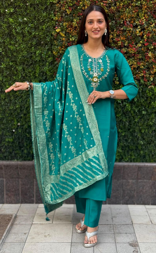 Sky Blue Color Premium Roman Silk Hand Work Kurti
