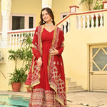 Red Color Faux Blooming With Embroidery Work Gown