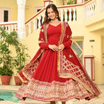 Red Color Faux Blooming With Embroidery Work Gown