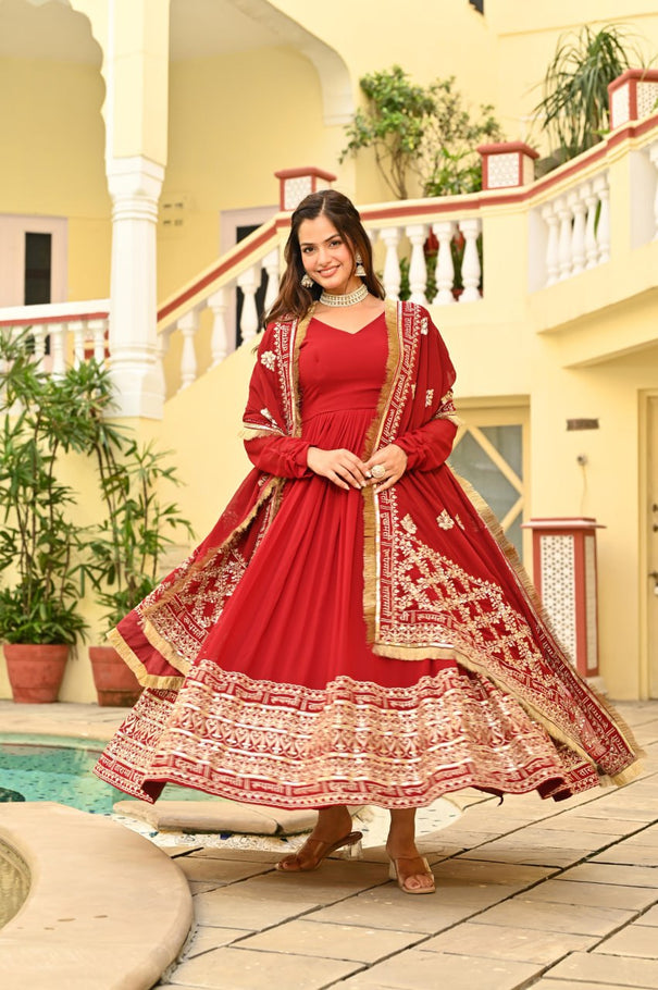 Red Color Faux Blooming With Embroidery Work Gown