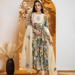 Cream Hand Work Gown in Chent Crepe With Kalamkari Print and Dupatta