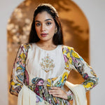 Cream Hand Work Gown in Chent Crepe With Kalamkari Print and Dupatta