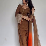 New Look Natural Satin Silk With Full Sleeve Embroidery Sequence Work Top Plazzo