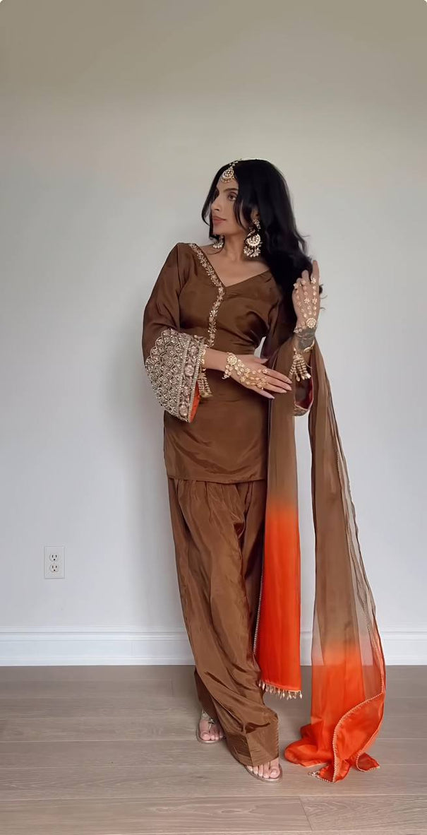 New Look Natural Satin Silk With Full Sleeve Embroidery Sequence Work Top Plazzo