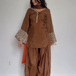 New Look Natural Satin Silk With Full Sleeve Embroidery Sequence Work Top Plazzo