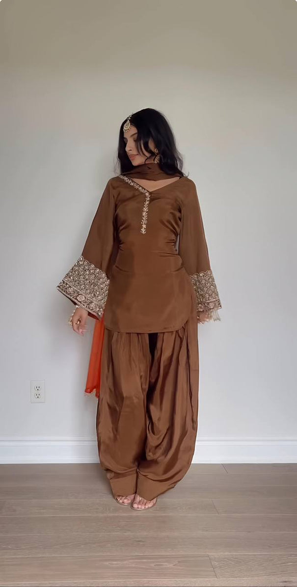 New Look Natural Satin Silk With Full Sleeve Embroidery Sequence Work Top Plazzo