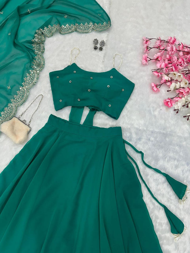 Green Pure Georgette 8 Meter Flair Full Stitch Lehenga With Sequence Work Dupatta