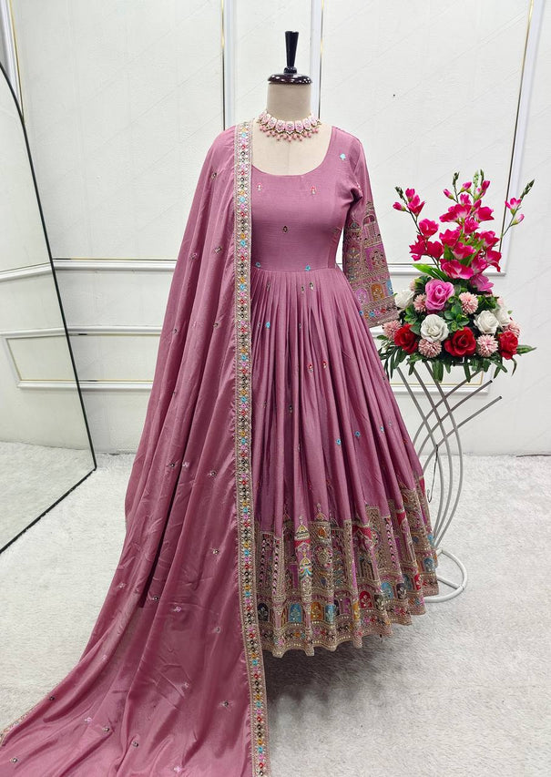 Red Color Coding Dori Work With Chinon Silk Gown