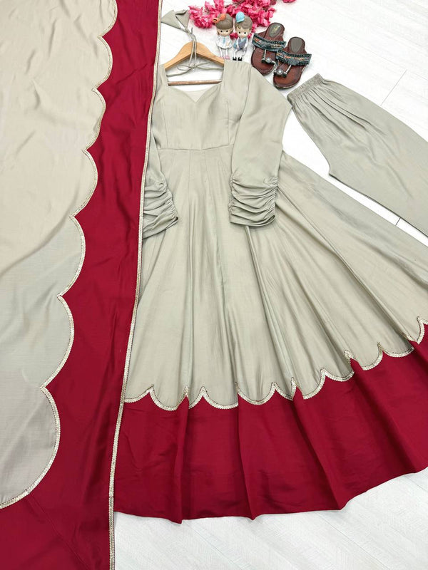 Pure Roman Silk Gown with Embroidery, Tassels & Fancy Sleeves