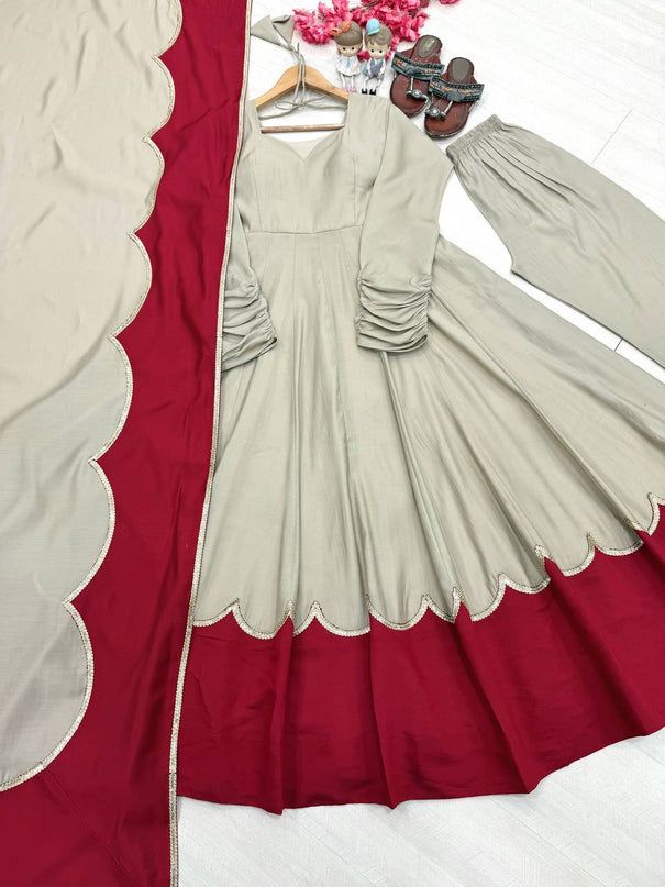 Pure Roman Silk Gown with Embroidery, Tassels & Fancy Sleeves