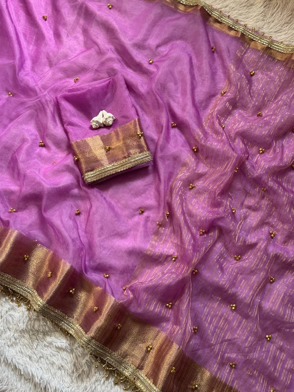 Soft Tissu Silk Saree with Ghungroo Work, Lace Border & Latkan Details
