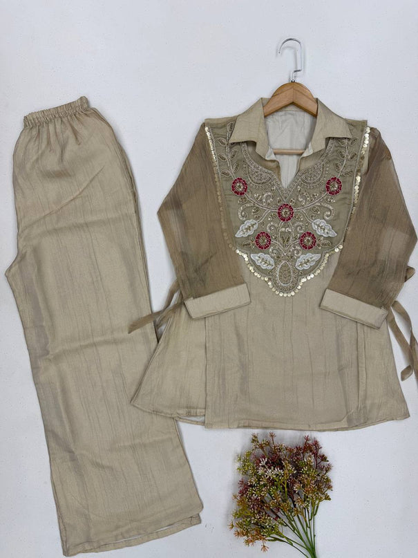 Slasa Silk Beads & Sequin Embroidered Top with Palazzo