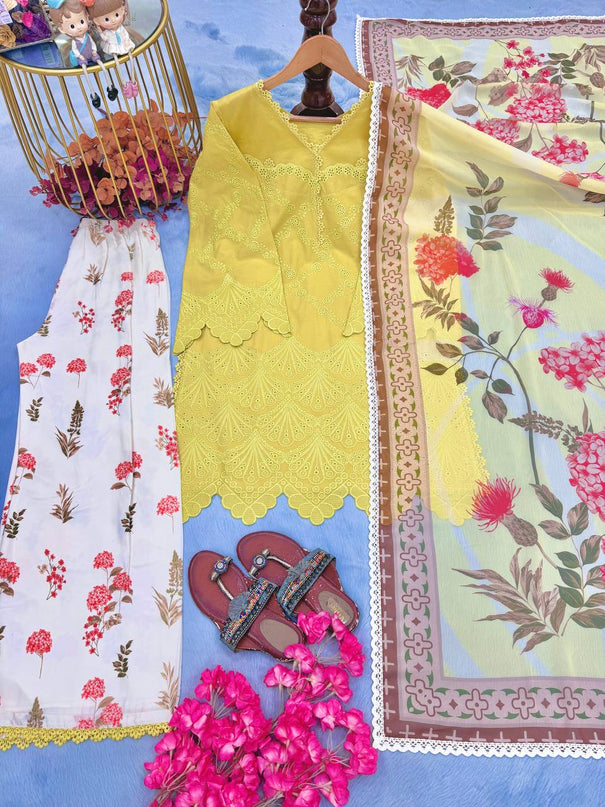 Printed Cotton Embroidered Top with Palazzo & Dupatta
