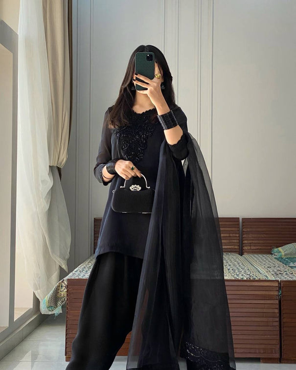 Black Color French Crape Top Plazzo