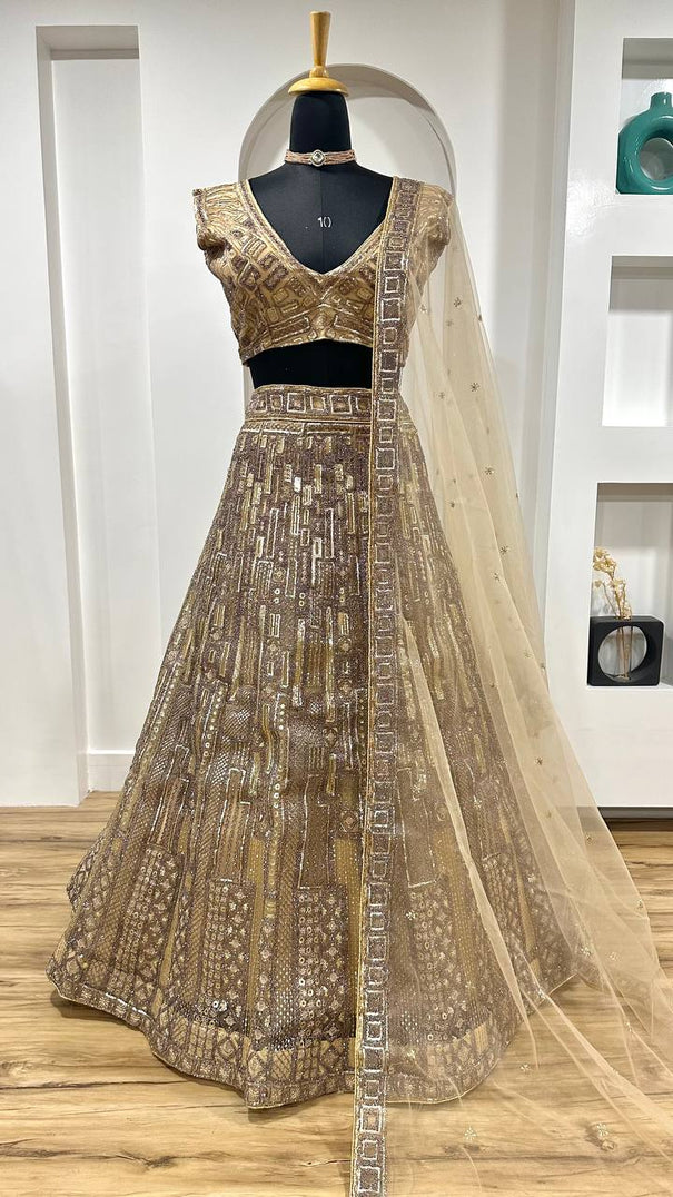 Net And Sequence Work With Dori And Thred Work All Over Front And Back WOrk Lehenga