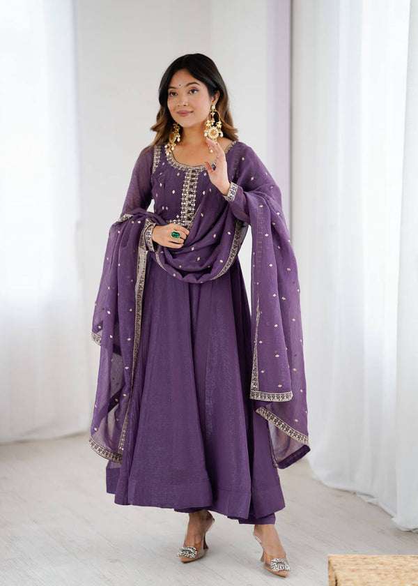 Womens Wear Crunchy Silk Purple Anarkali Gown