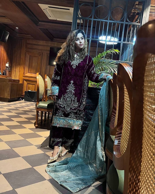 Wine Velvet Sequence Embroidery Work Suit