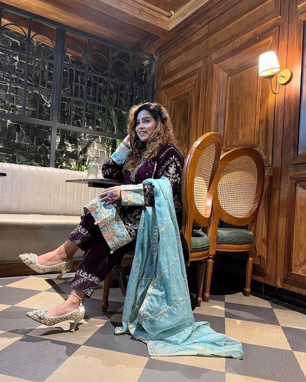Wine Velvet Sequence Embroidery Work Suit