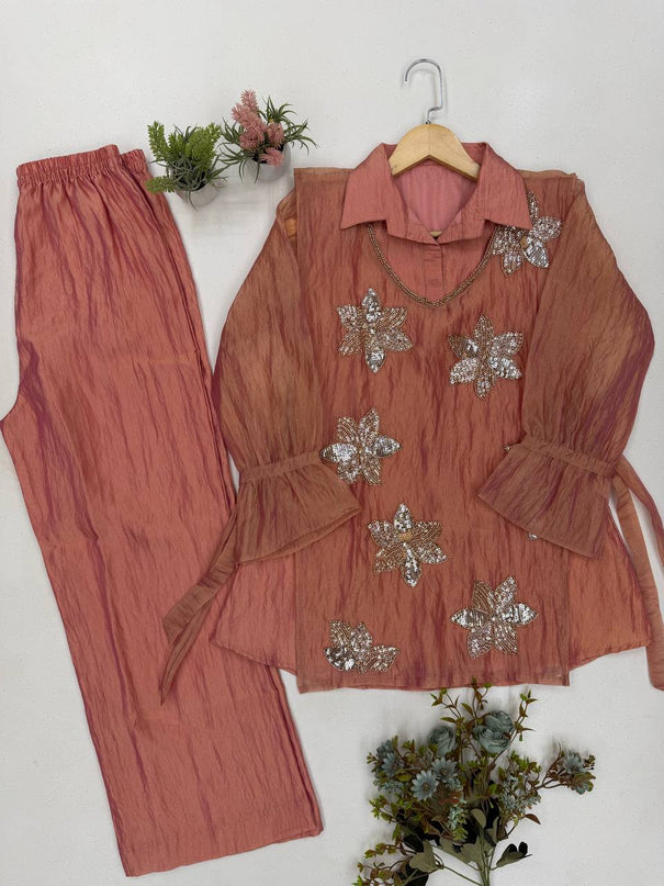 Slasa Silk Beaded & Sequin Embroidered Top with Palazzo