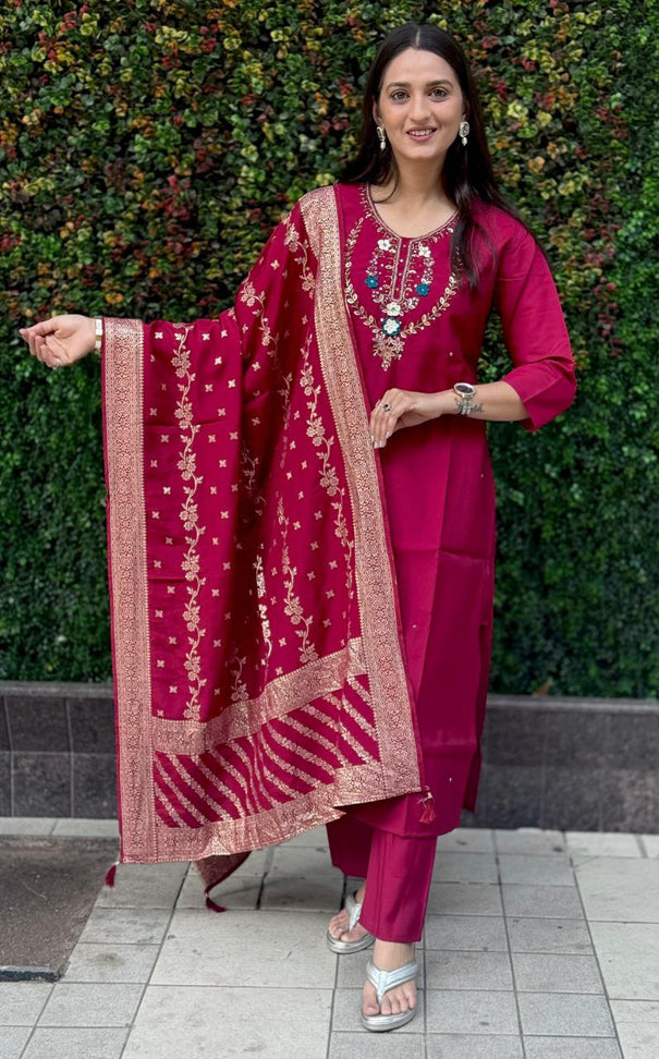 Sky Blue Color Premium Roman Silk Hand Work Kurti