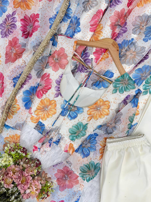 Printed Organza Yoke Embroidery Work Gown