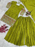 Eid Special Vhinon Silk With Heavy Embroidery Work Top With Fully Fairy Plazzo And Dupatta